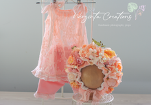 Load image into Gallery viewer, Flower Bonnet and Matching outfit for 12-24 months old. Peach, pink