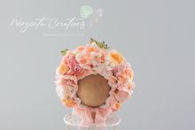 Load image into Gallery viewer, Flower Bonnet and Matching outfit for 12-24 months old. Peach, pink