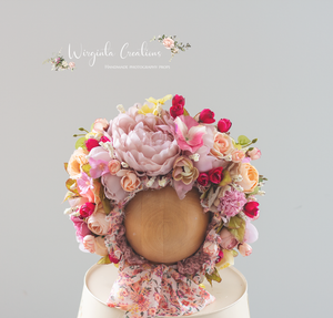 Handmade Flower Bonnet for Babies 6-24 Months | Pink, Mauve, Burgundy | Artificial Flower Headpiece for Photography
