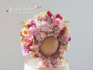 Handmade Flower Bonnet for Babies 6-24 Months | Pink, Mauve, Burgundy | Artificial Flower Headpiece for Photography