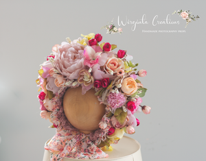 Handmade Flower Bonnet for Babies 6-24 Months | Pink, Mauve, Burgundy | Artificial Flower Headpiece for Photography