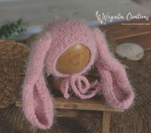 Load image into Gallery viewer, Knitted pink bunny outfit for 12-24 months old. Handmade photography outfit. Ready to send