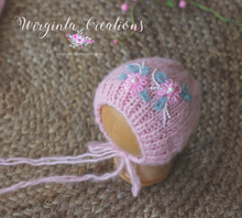 Load image into Gallery viewer, Handmade Pink Knitted Newborn Outfit with Matching Embroidered Bonnet - Soft Yarn Photography Prop Only