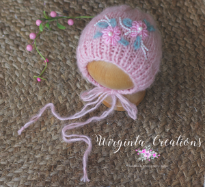 Handmade Pink Knitted Newborn Outfit with Matching Embroidered Bonnet - Soft Yarn Photography Prop Only