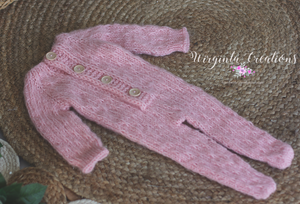 Handmade Pink Knitted Newborn Outfit with Matching Embroidered Bonnet - Soft Yarn Photography Prop Only