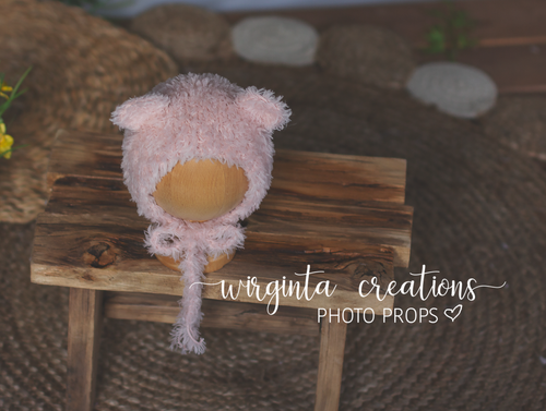 Fuzzy yarn knitted teddy bear bonnet for newborn. Pink. Ready to send