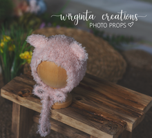 Load image into Gallery viewer, Fuzzy yarn knitted teddy bear bonnet for newborn. Pink. Ready to send