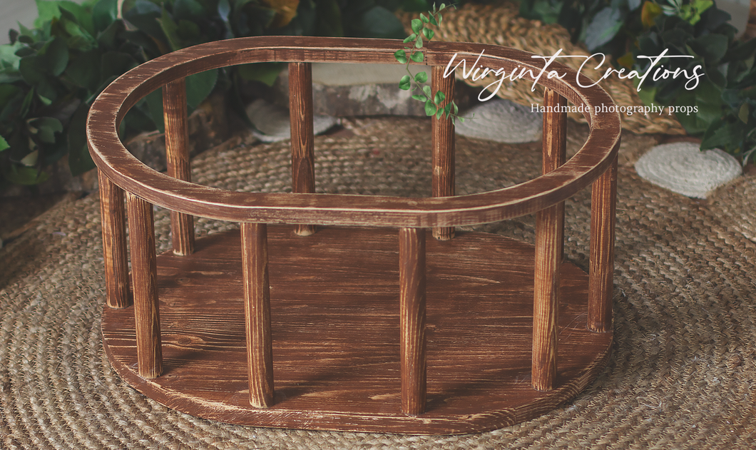 Handcrafted Wooden Oval Crib. Brown Distressed Design or Solid Brown Colour