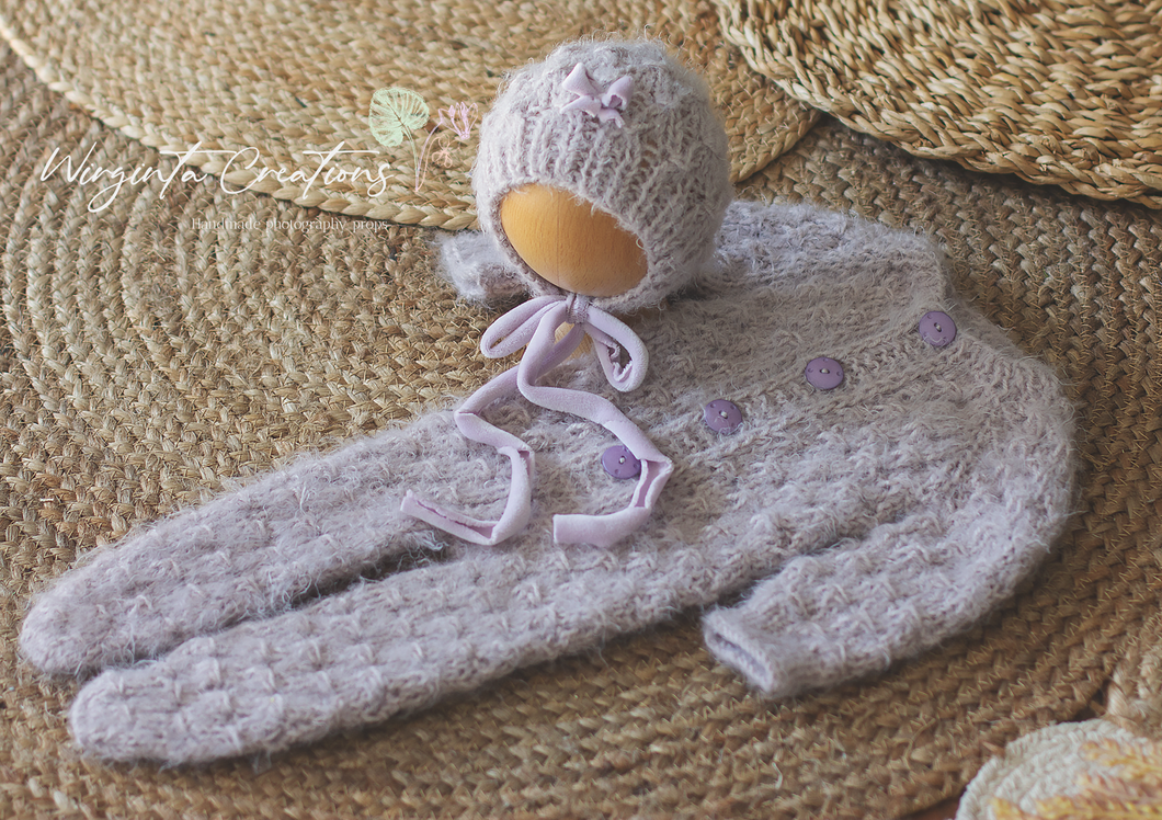Mauve Grey Knitted Newborn Outfit with Matching Bonnet - Soft Yarn Photography Prop Only