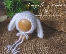 Load image into Gallery viewer, White knitted bunny bonnet